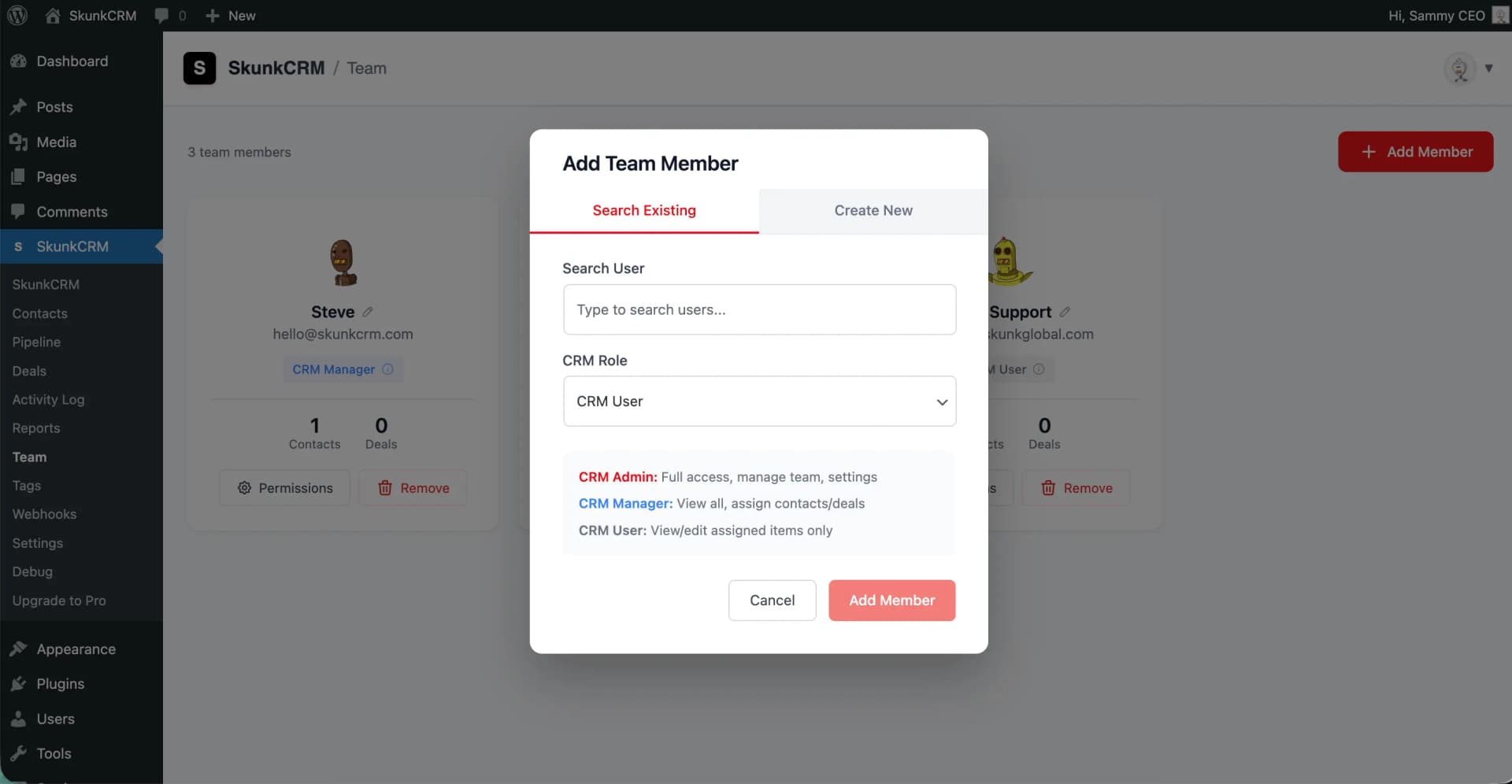 SkunkCRM Team performance dashboard and metrics