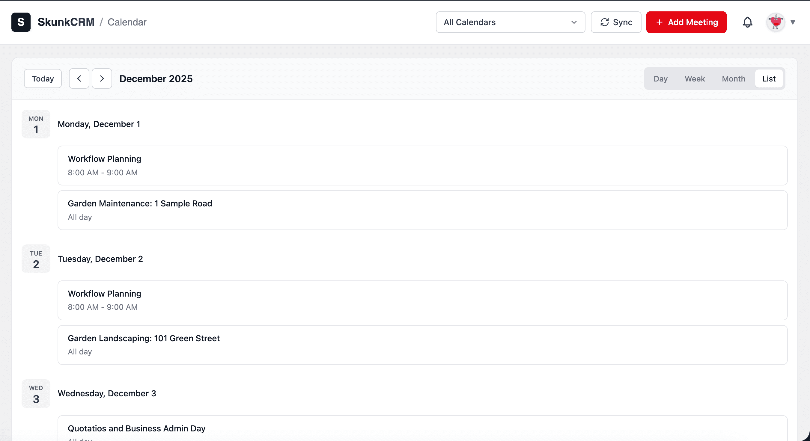 SkunkCRM Calendar Sync interface showing meeting scheduling and calendar view