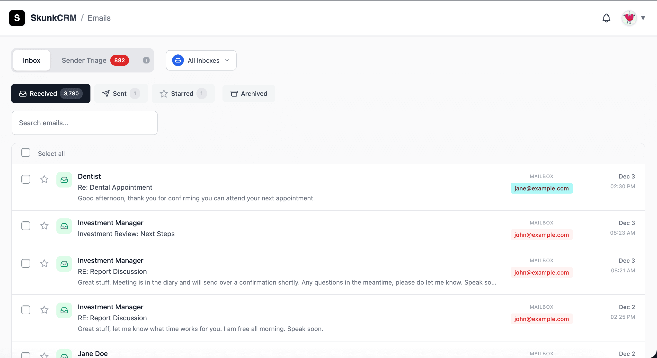 SkunkCRM Email Integration interface showing email composer and tracking